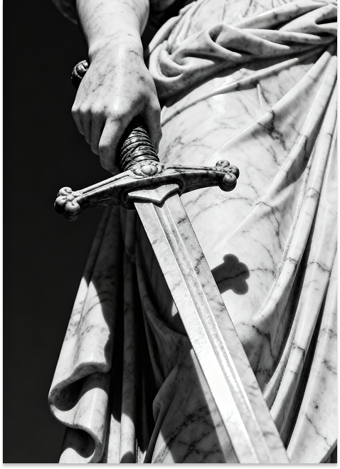 A photograph of a marble statue of lady justice close up to her sword in high contrast greyscale 1 1